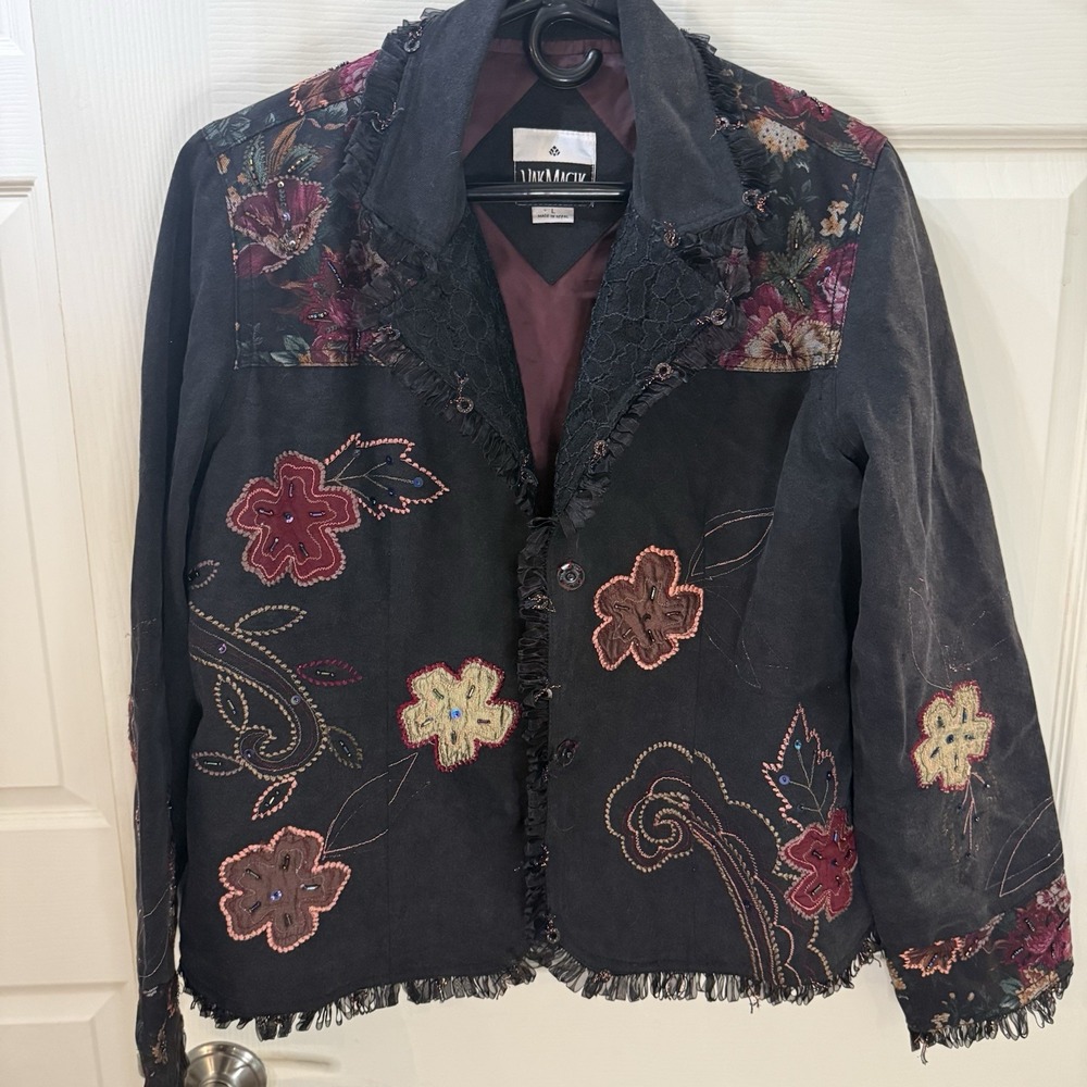 Yak Magik Blazer Jacket Silk Floral Patches Dark‎ Grey Size L Tapestry Look